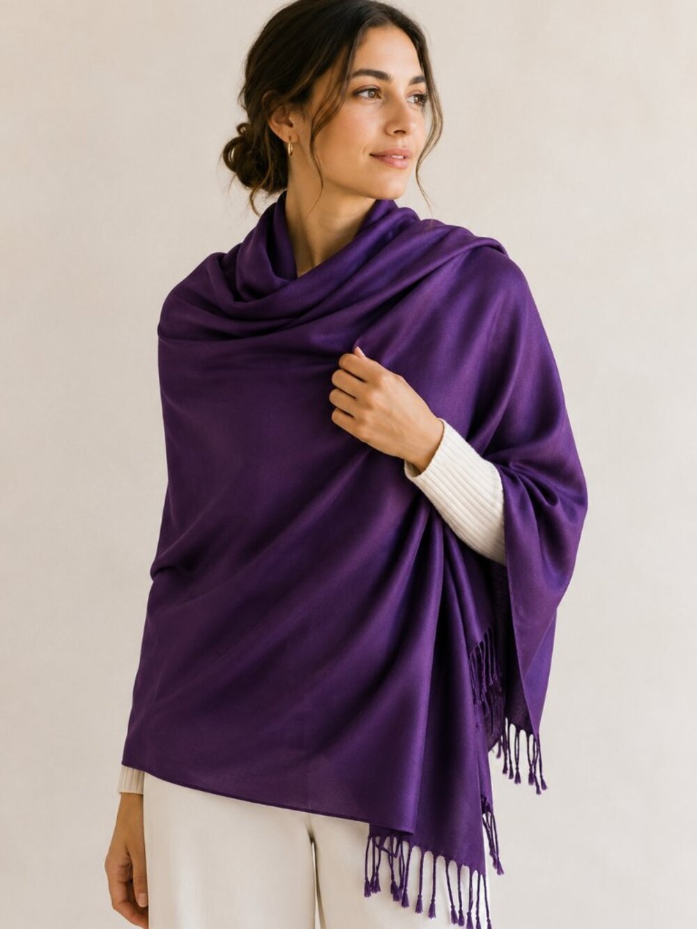 Original Pashmina Shawl Wrap Purple Fringe Soft Luxury Scarf Stole Evening Wrap